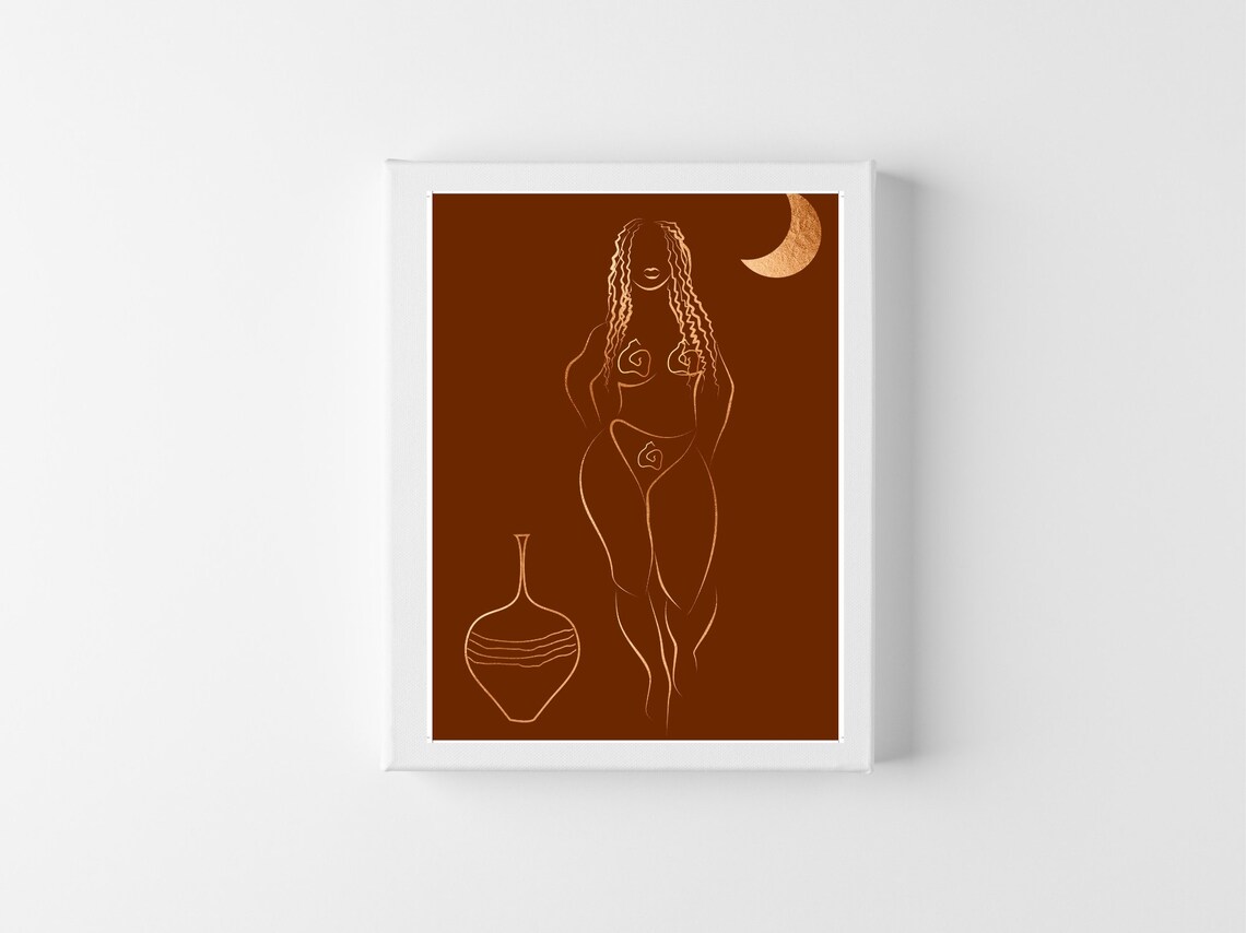 Boho Black Woman Line Art Terracotta Female Figure Moon Poster - Image 3