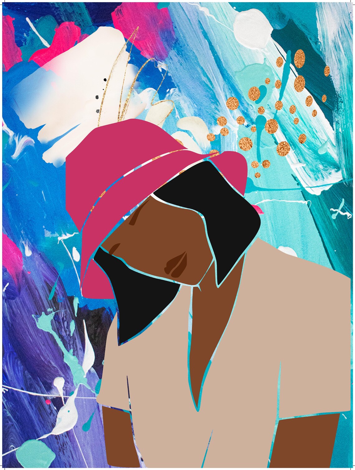 Pink Hat Woman Blue Abstract Splashes Colorful Portrait Art Poster - Image 3