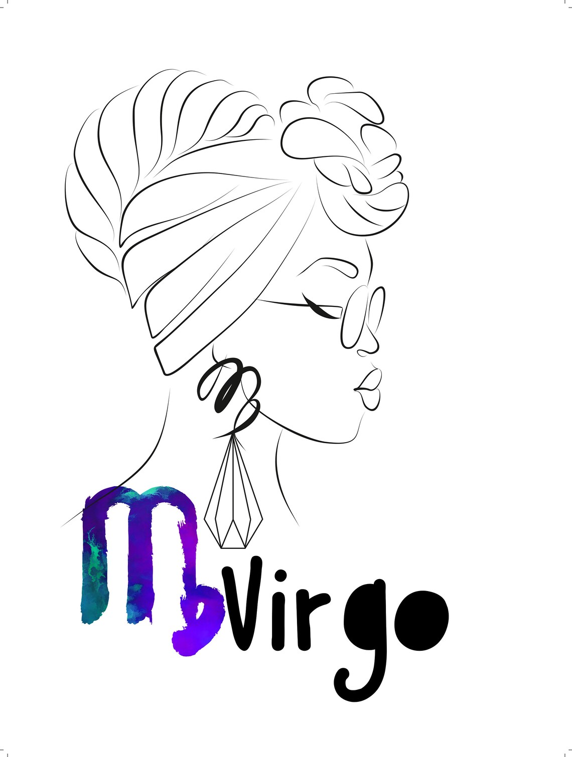 Virgo Zodiac Line Art Woman Headwrap Watercolor Star Sign Poster - Image 2