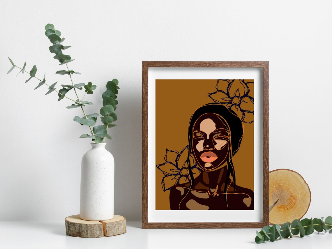 Golden Woman Portrait Navy Line Flowers Orange Accent Art Poster - Image 4