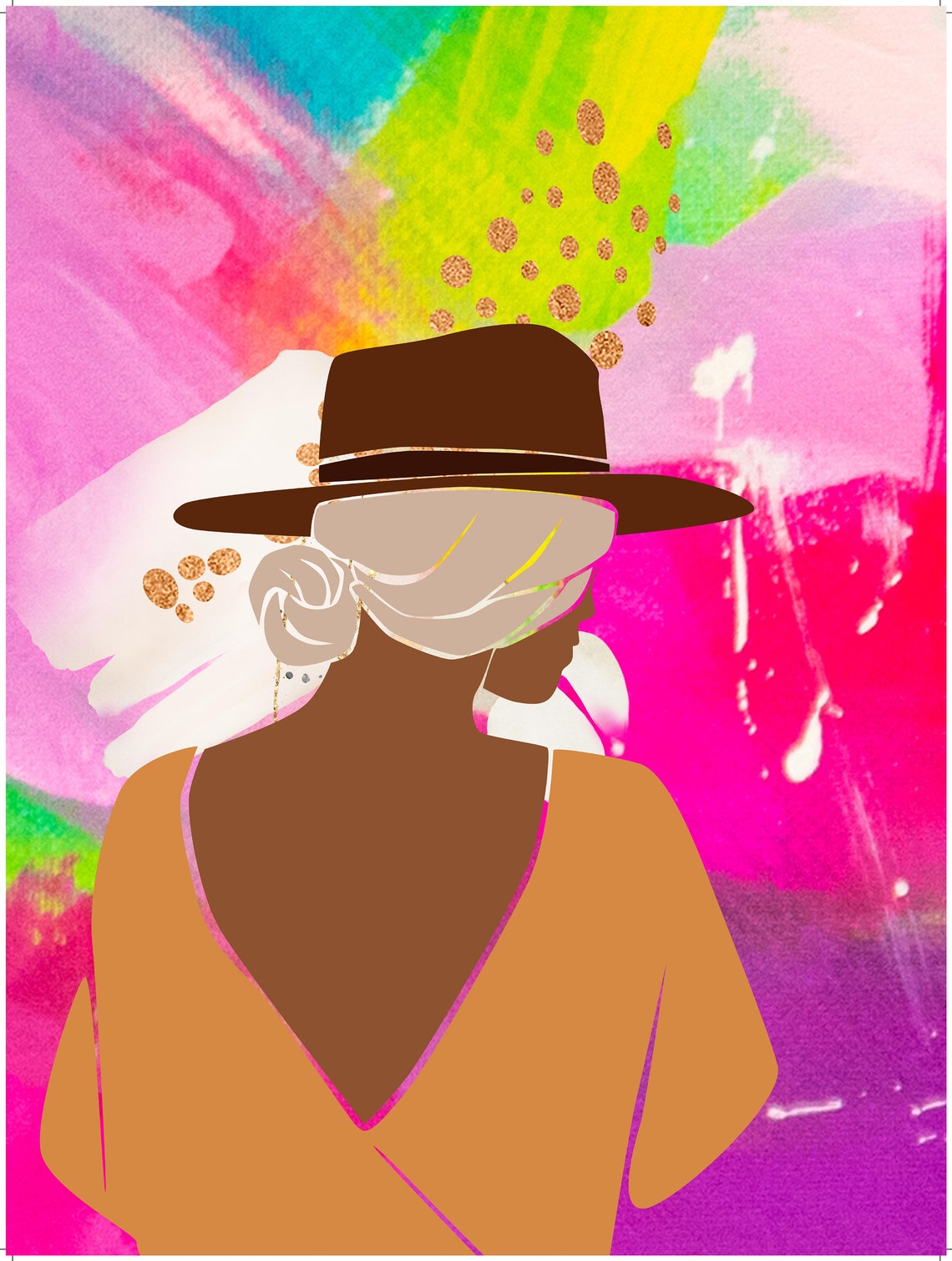 Abstract Woman Fedora Hat Bold Neon Pop Colorful Portrait Print - Image 3