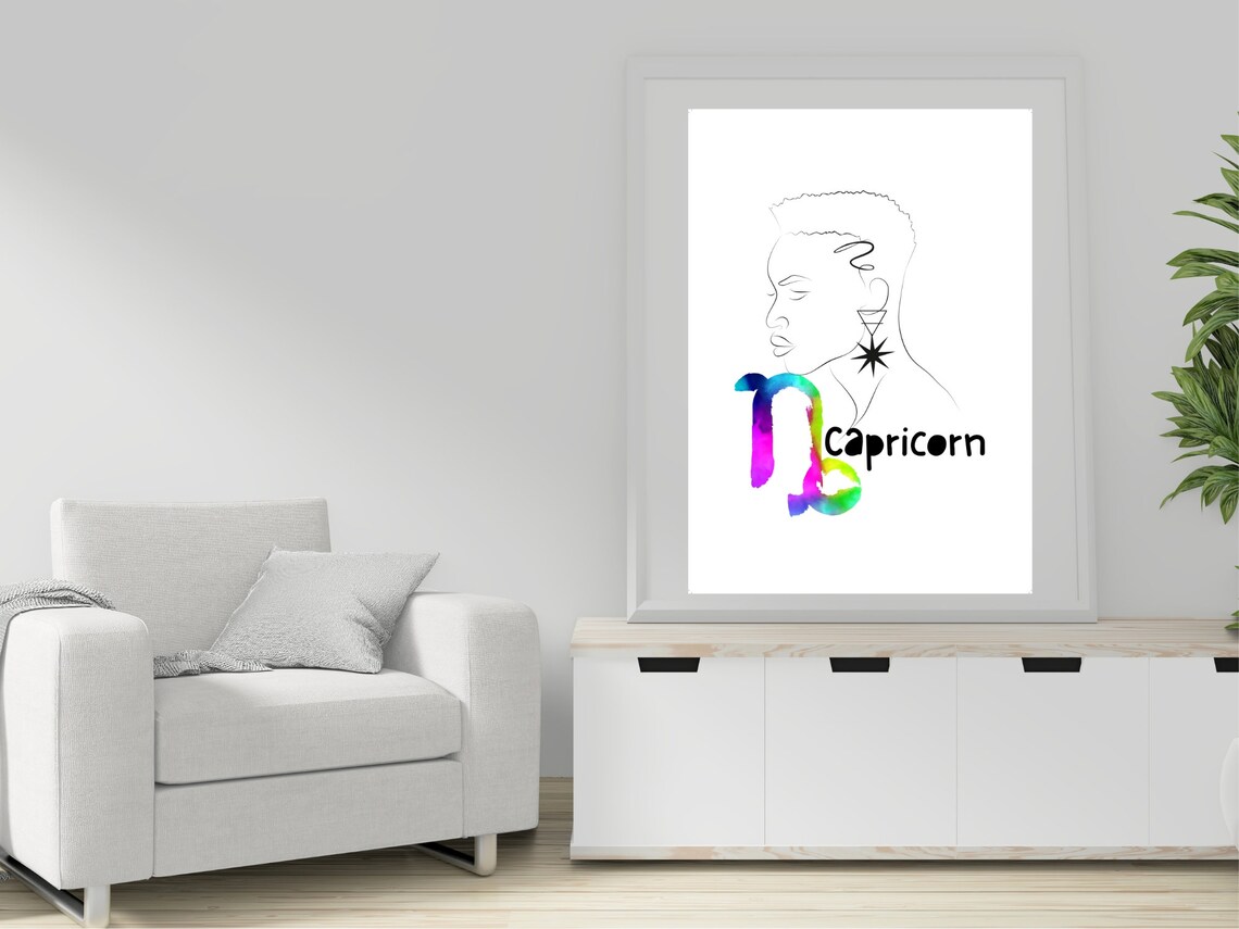 Capricorn Zodiac Line Art Woman Watercolor Glyph Star Sign Poster - Image 3
