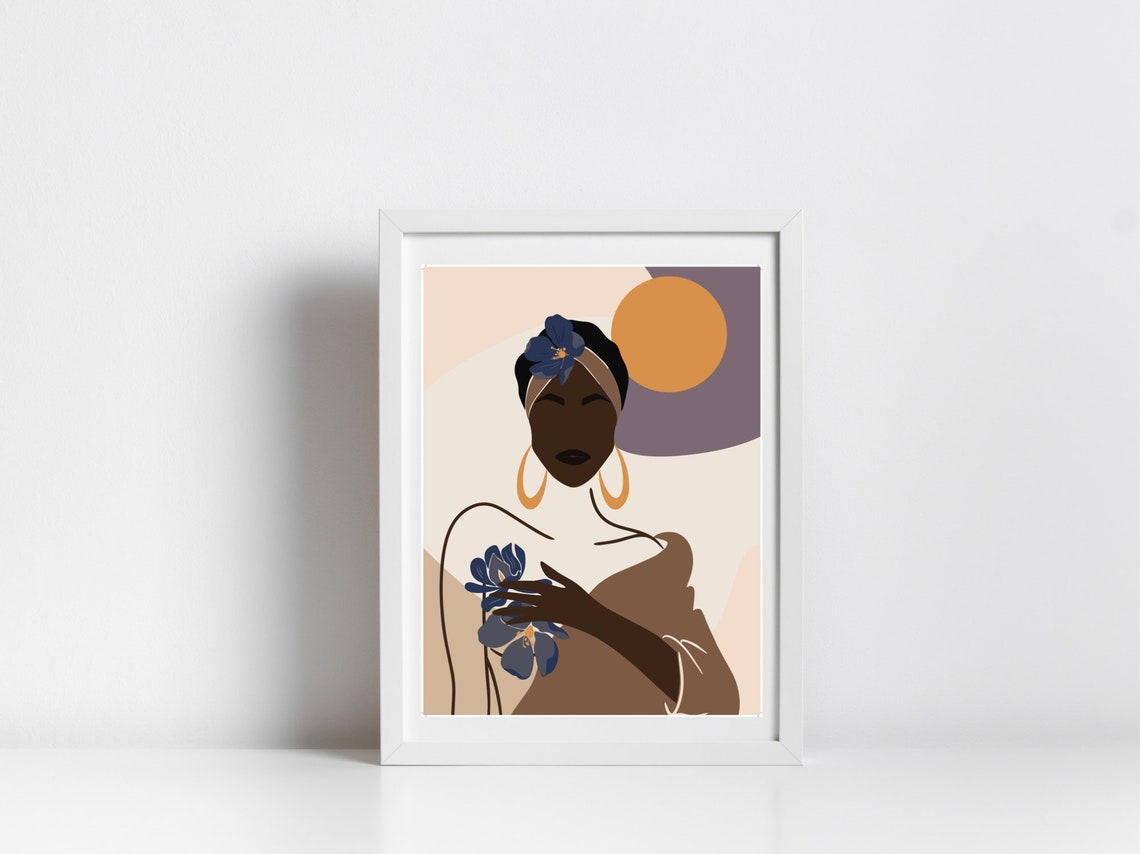 Boho Woman Headwrap Hoops Blue Flowers Sun Goddess Floral Art Print - Image 3