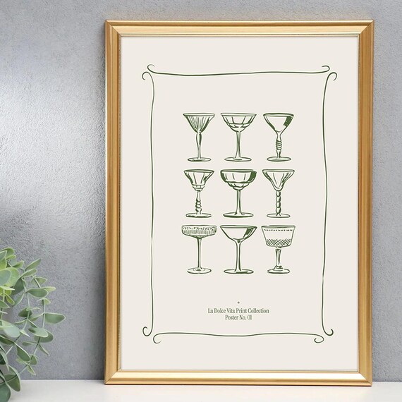 La Dolce Vita Cocktail Glasses Line Drawing Italian Bar Poster