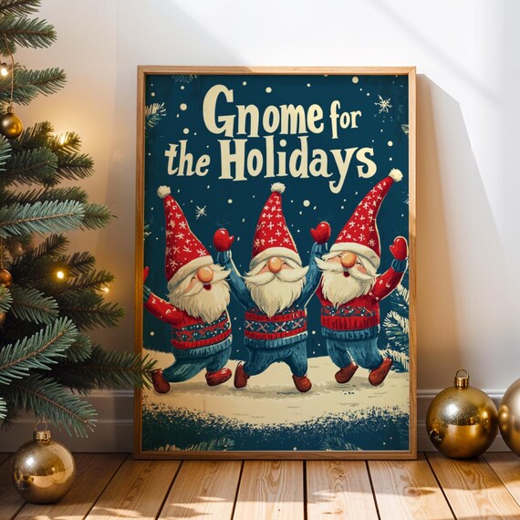 Gnome for the Holidays Dancing Trio Cute Winter Christmas Wall Art