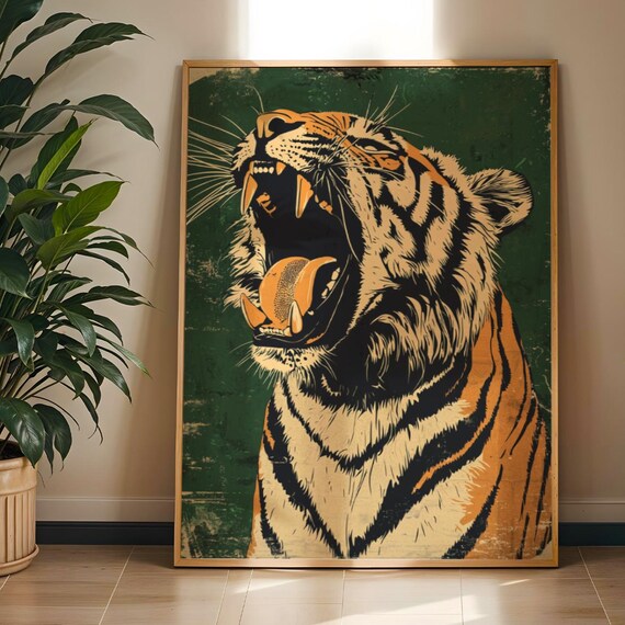 Vintage Bengal Tiger Print Emerald Green Jungle Art