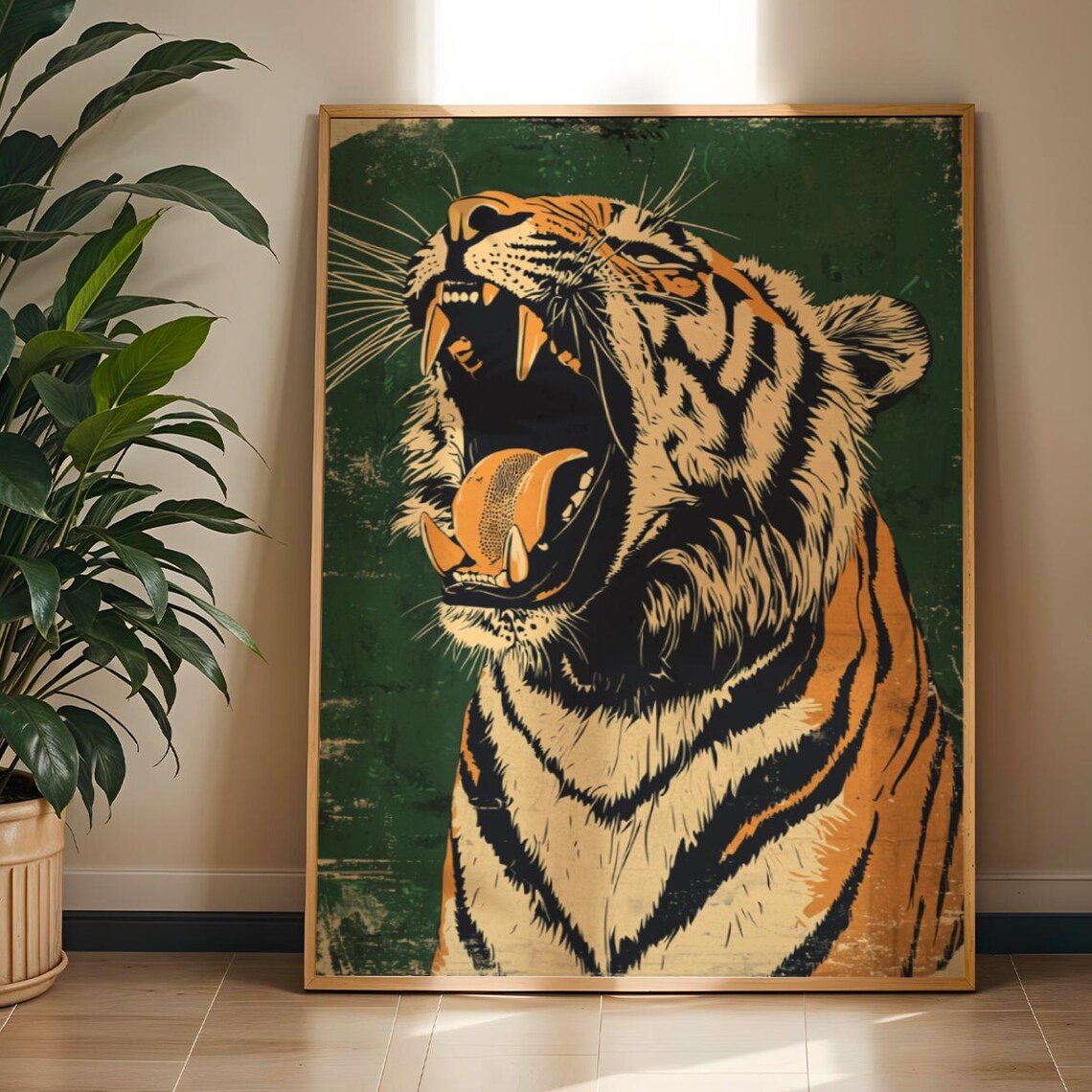 Vintage Bengal Tiger Print Emerald Green Jungle Art