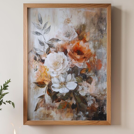 Abstract Botanical Print Teal And Terracotta Flower Painting