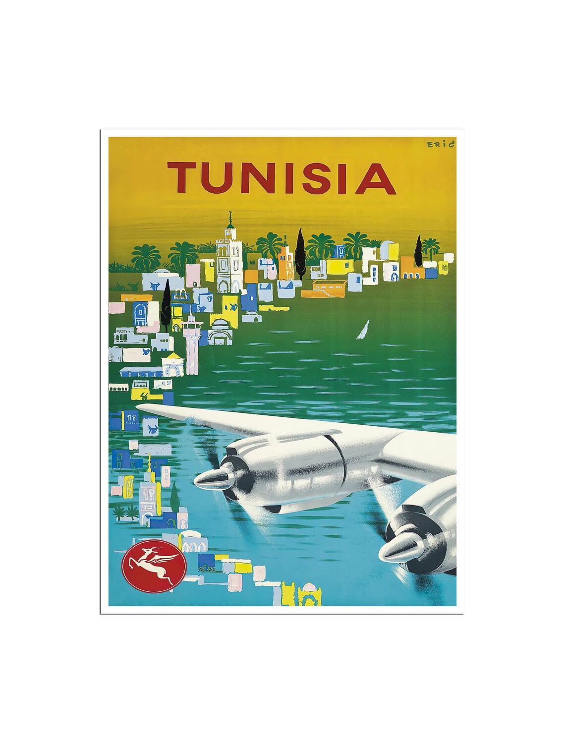 Tunisia Seaplane Over the Medina Vintage North Africa Travel Poster