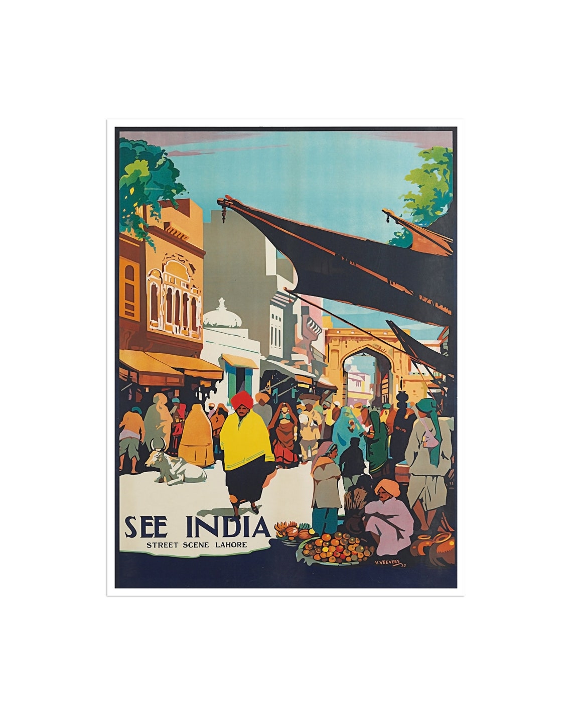 See India Vintage Travel Poster with Lahore Street Bazaar Scene