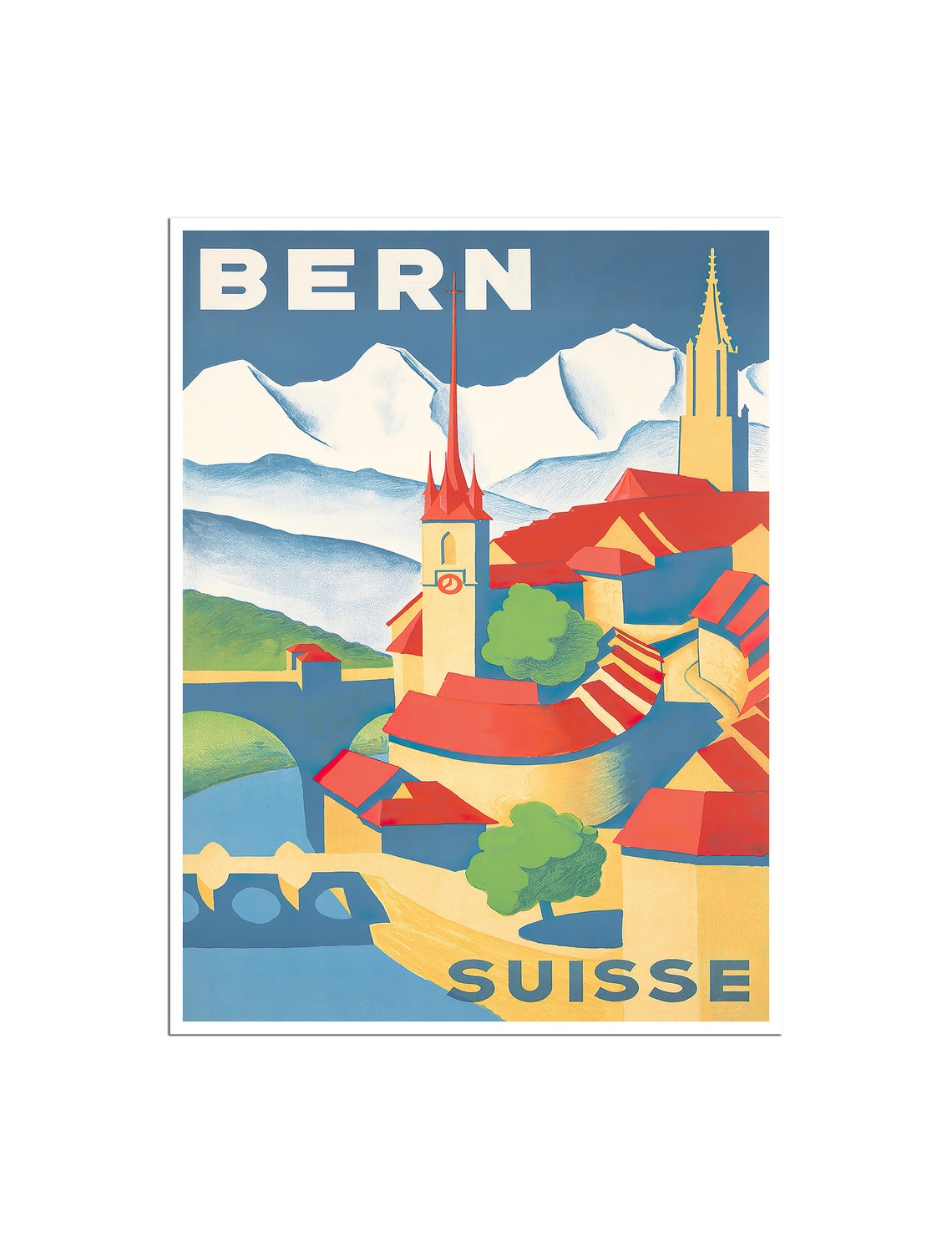 Bern Suisse Switzerland Red Rooftops Alpine Vintage Travel Poster