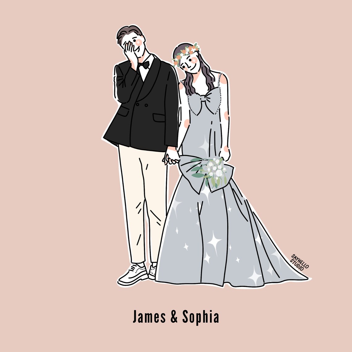 Wedding Couple in Suit and Gown Cartoon Portrait with Bouquet Poster - Image 2