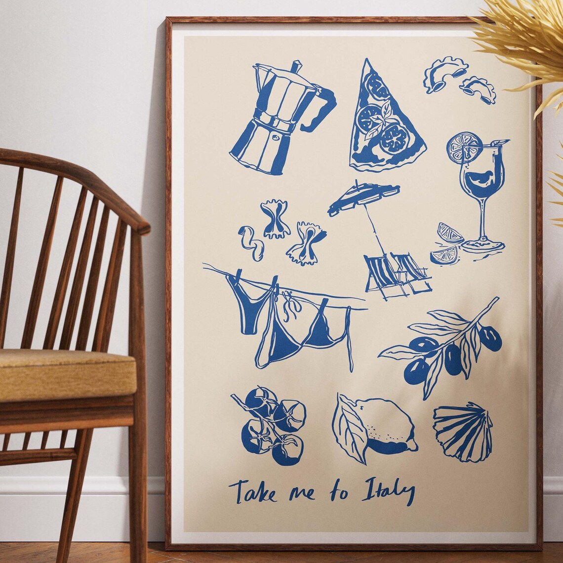 Take Me to Italy Blue Line Art Italian Food Illustration Poster
