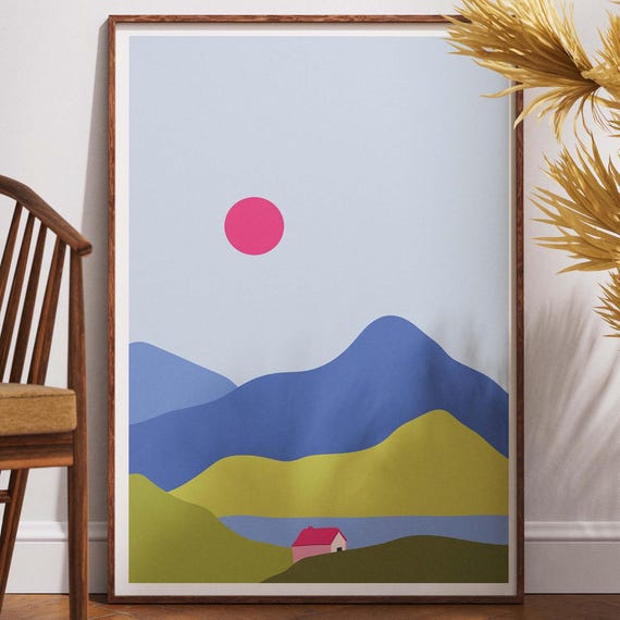 Minimalist Mountain Landscape Wall Art Print Colorful Nature Illustration With Pink Sun And House Modern Home Decor Poster