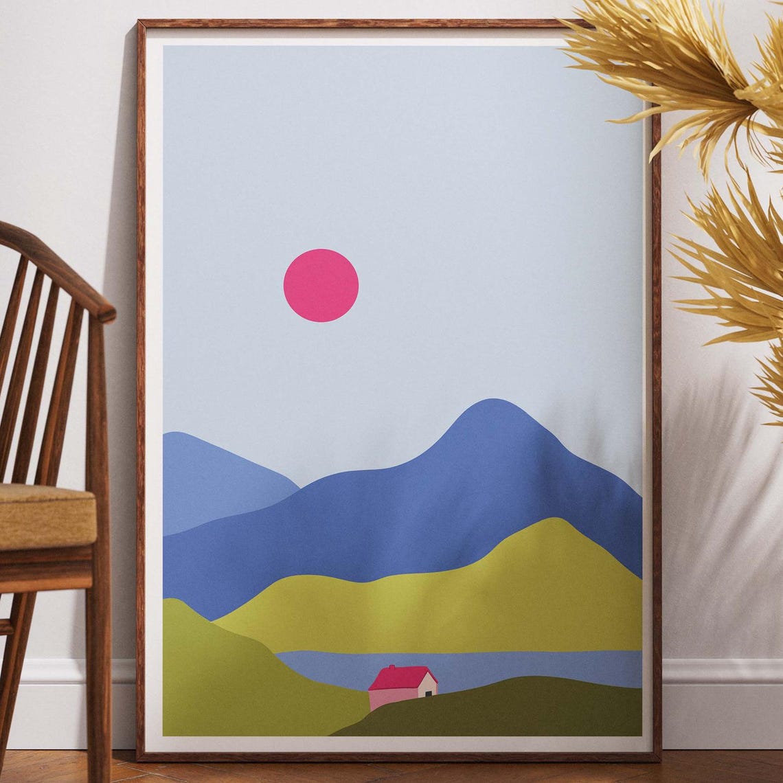 Minimalist Mountain Landscape with Pink Sun and Cabin Poster