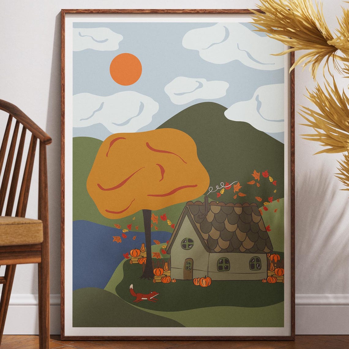 Autumn Cottage Pumpkin Patch Fox Lake Cozy Fall Landscape Wall Poster
