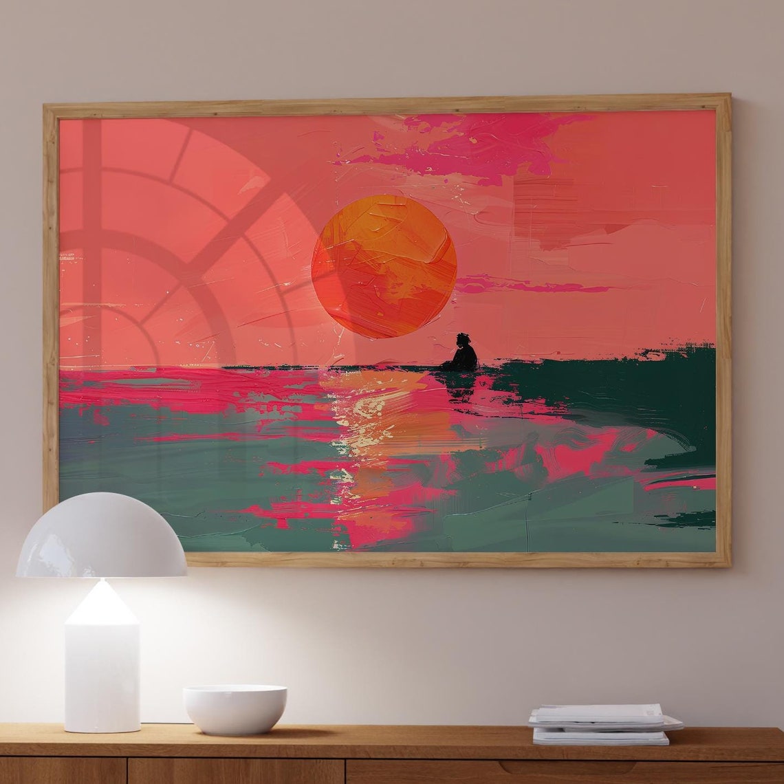 Coral Sunset Ocean Poster With Big Orange Sun And Lone Figure