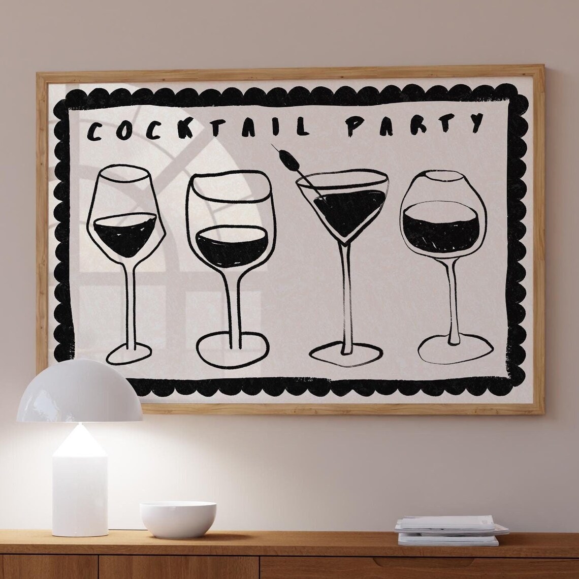 Cocktail Party Black And White Line Art Print With Martini Glasses