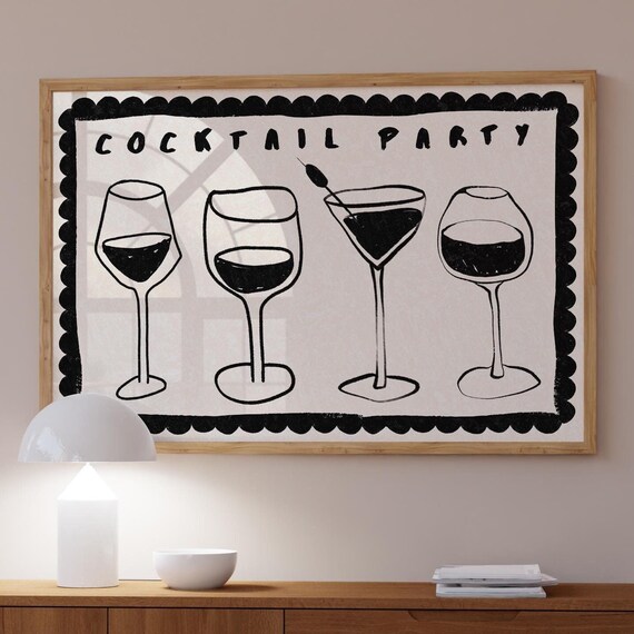 Cocktail Party Black And White Line Art Print With Martini Glasses