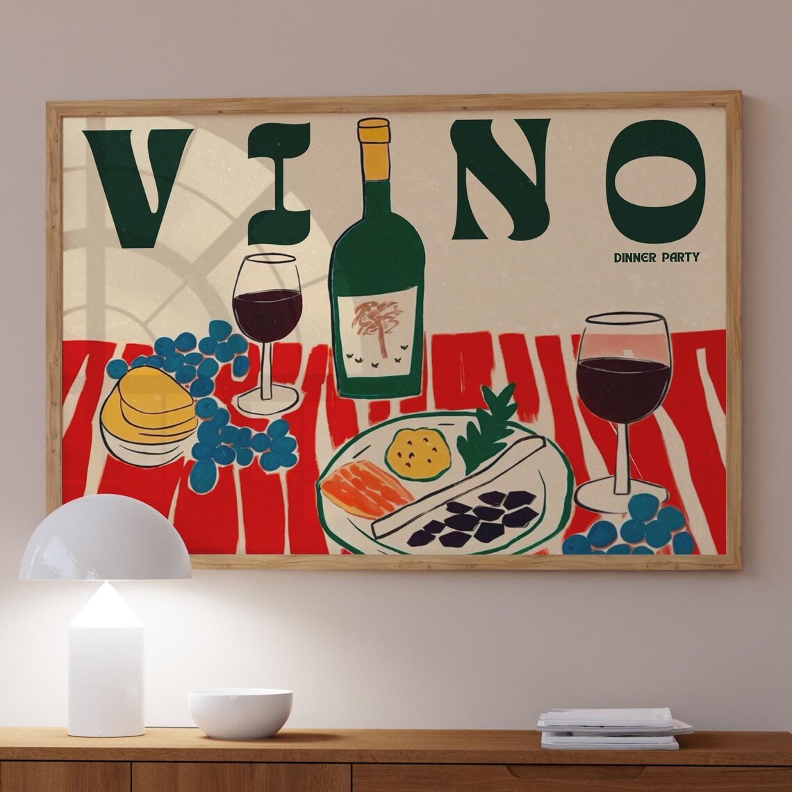 Vino Dinner Party Wine Bottle Charcuterie Retro Kitchen Art Print