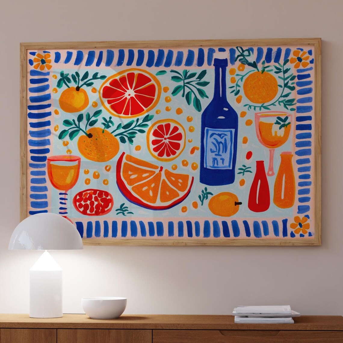 Citrus Still Life Kitchen Art Oranges Wine Bottle Colorful Poster