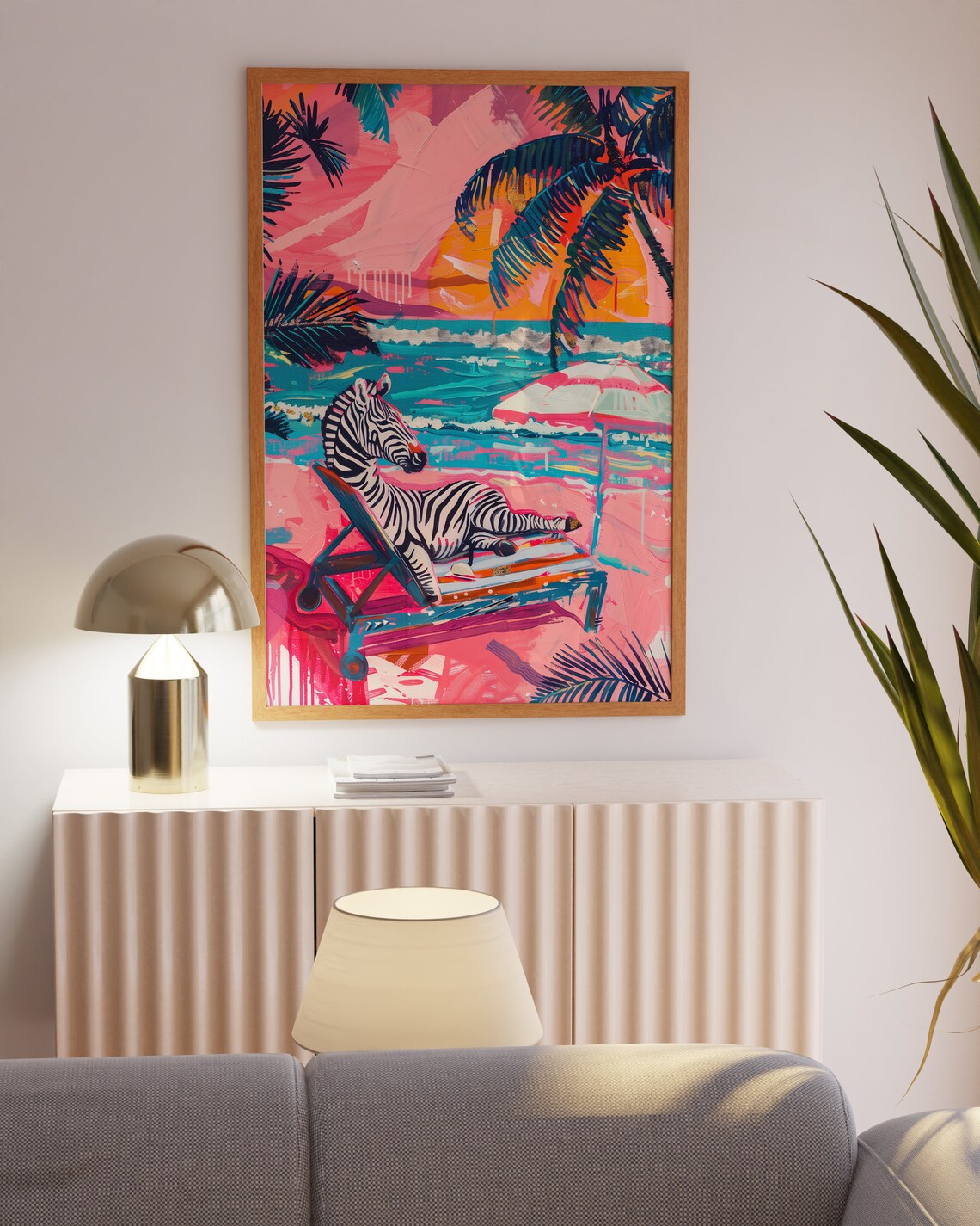Zebra Lounging at Pink Beach Umbrella With Palm Trees Poster - Image 3