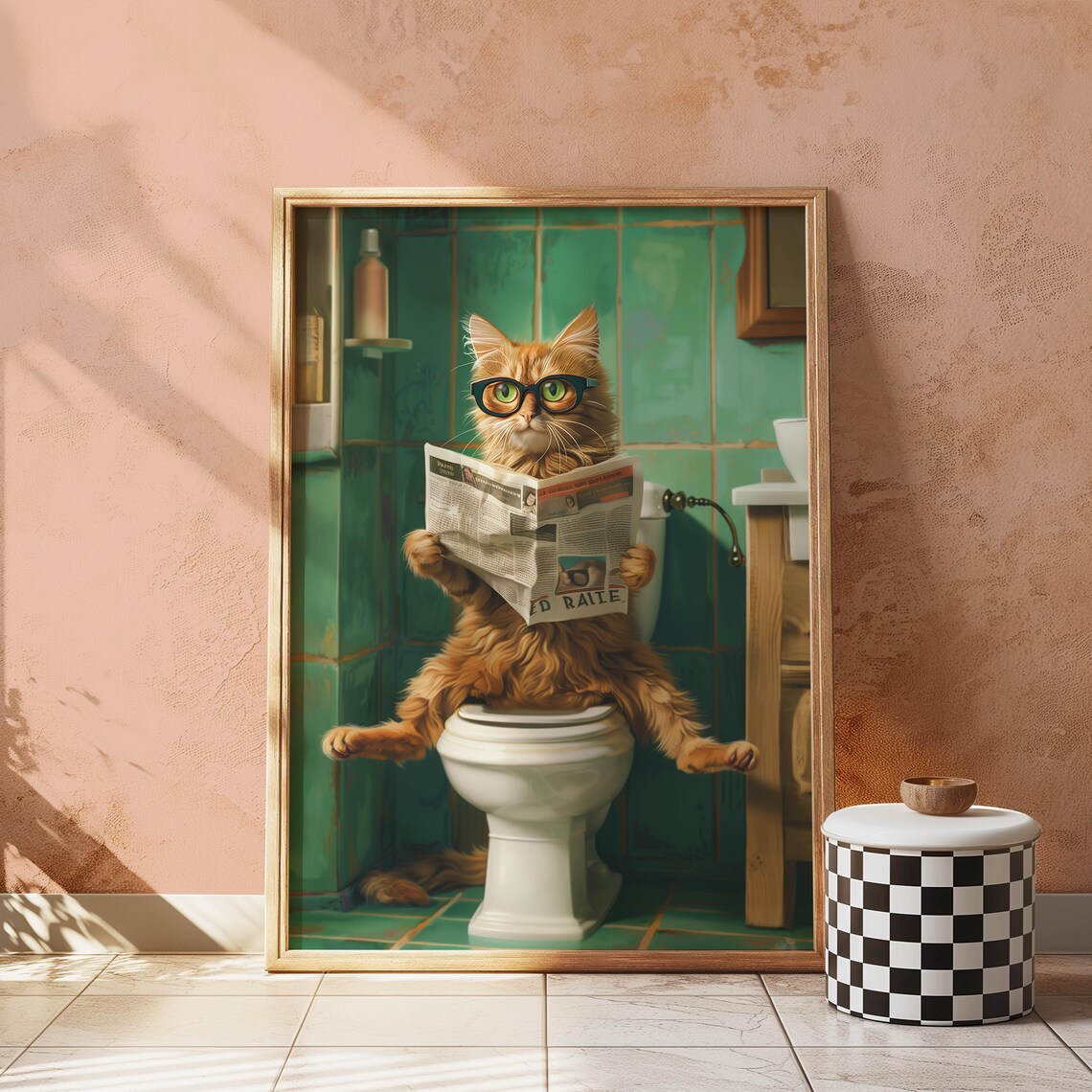 Funny Orange Cat in Glasses Reading Newspaper on Toilet Poster - Image 3