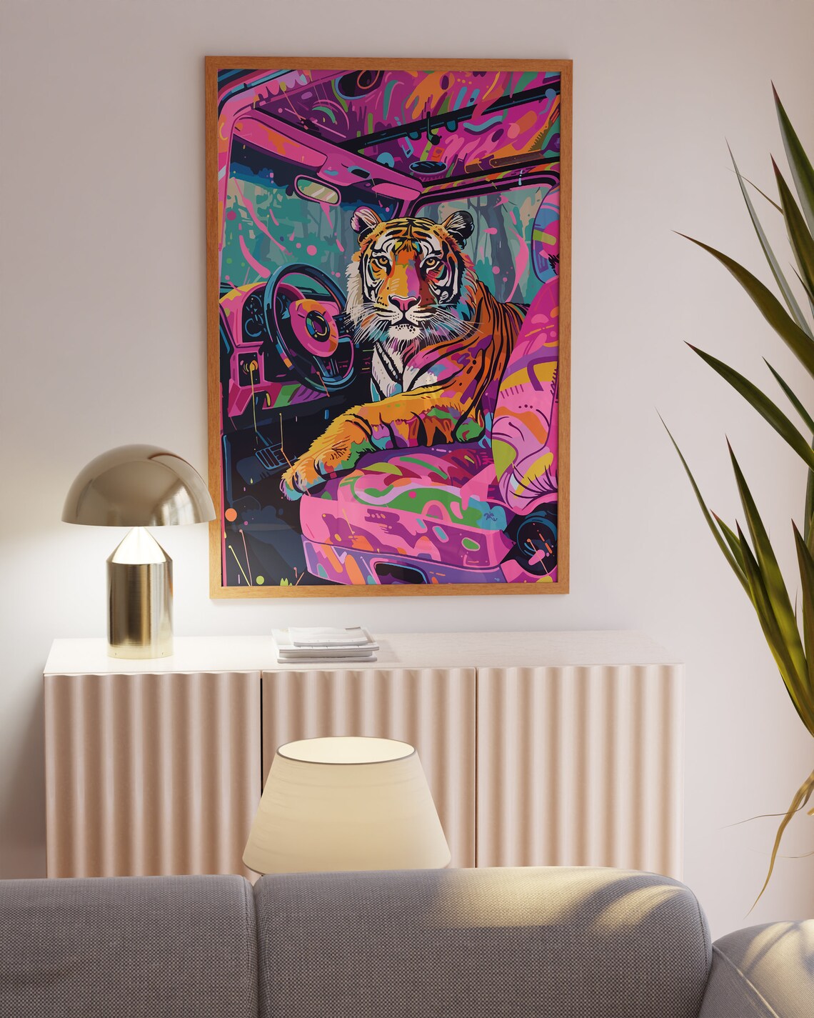 Neon Tiger Driving a Pink Graffiti Painted Car Interior Poster - Image 3