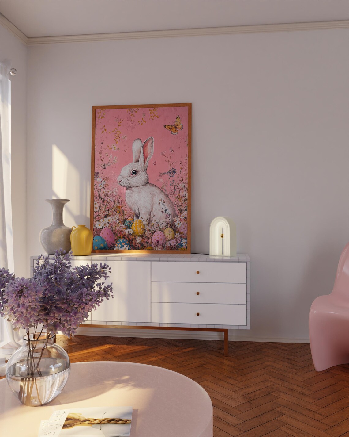 White Bunny in Wildflower Field With Eggs and Butterfly Poster - Image 3