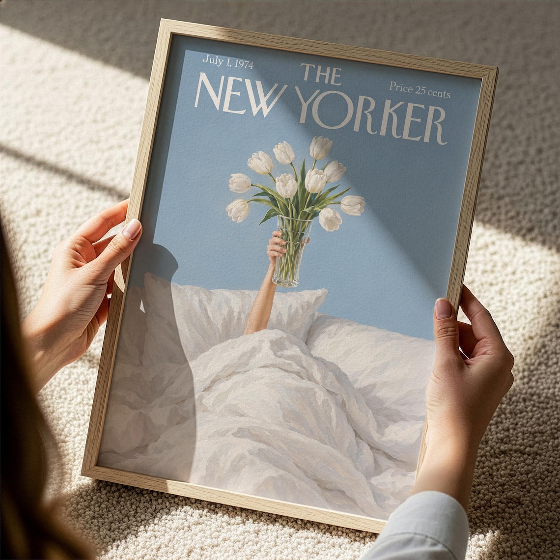 New York Wall Art White Tulips In Bed Print Blue Floral Magazine Cover Poster Cozy Bedroom Decor - Image 3