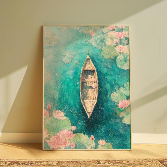 Lake Boat Print Pastel Aerial View Tranquil Home Decor