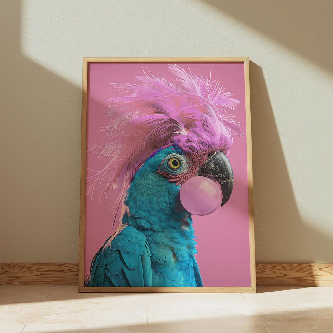 Bright Pink Parrot Blowing Bubblegum Bold Tropical Pop Art Poster