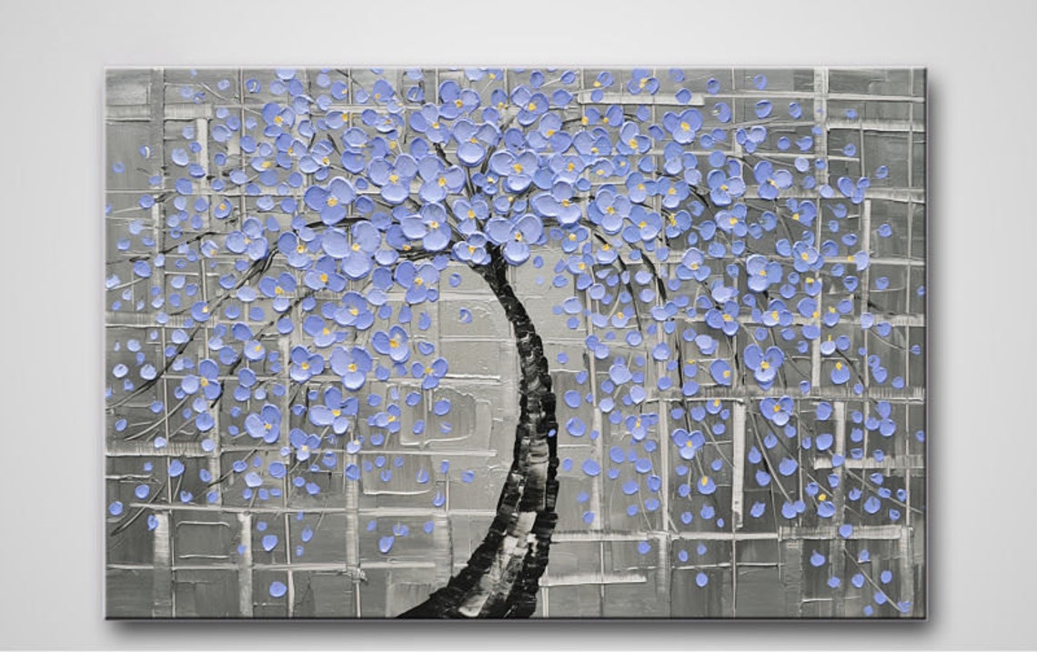Lavender Flower Tree On Textured Silver Grey Oil Paint Poster
