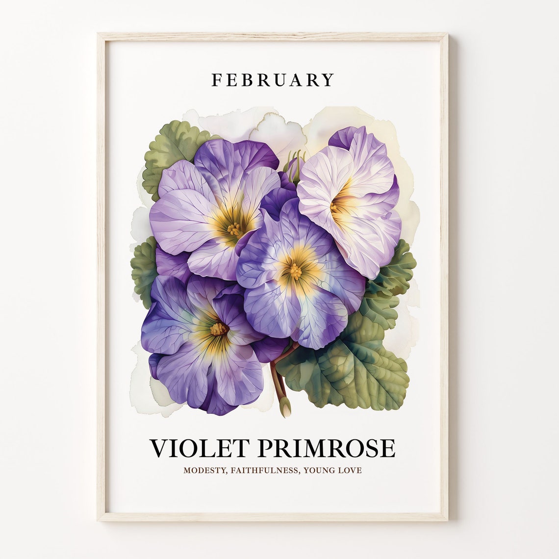 February Birth Month Violet Primrose Watercolor Flower Poster