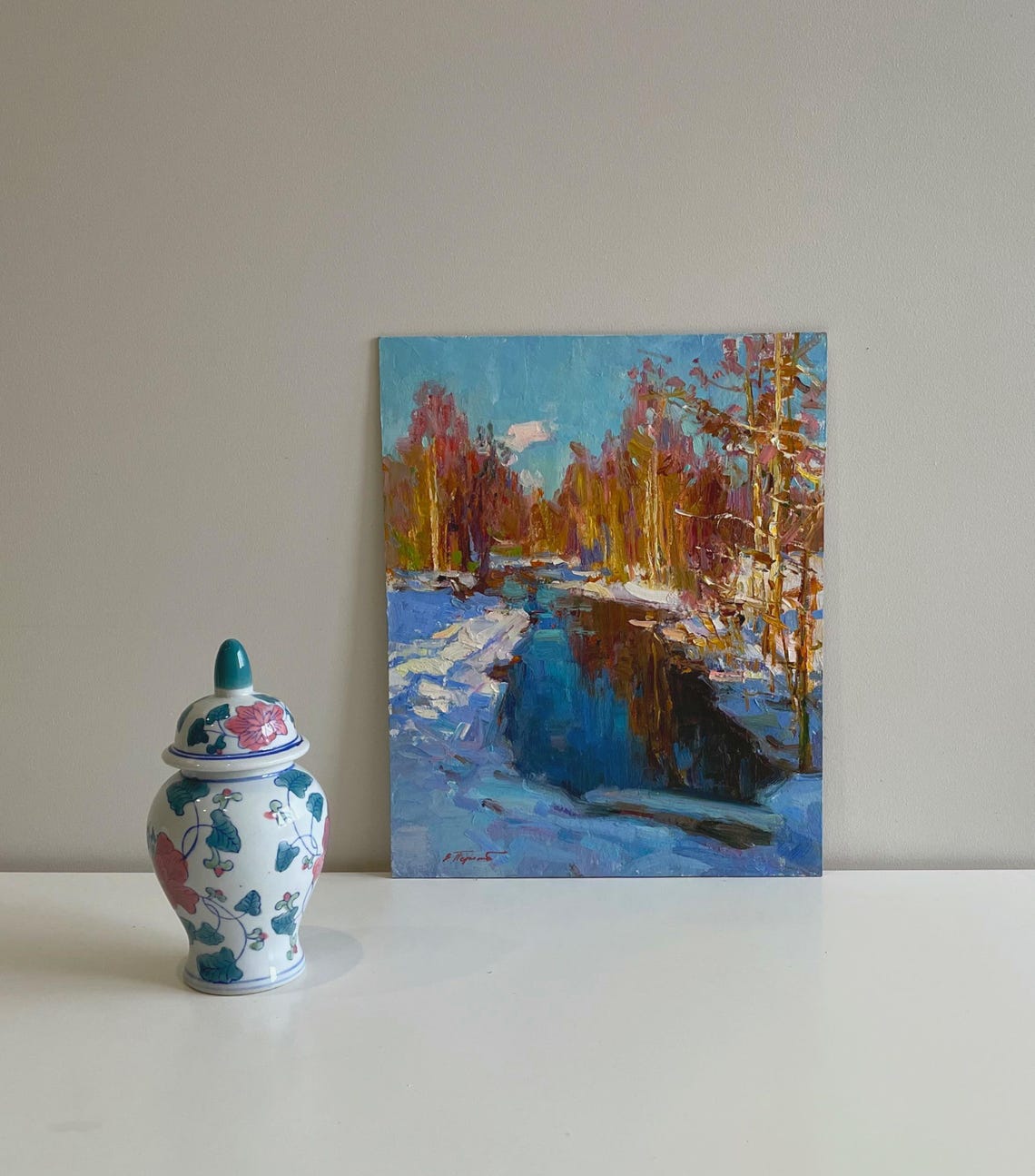 Winter Forest River Snow Banks Blue Water Impressionist Oil Painting - Image 5