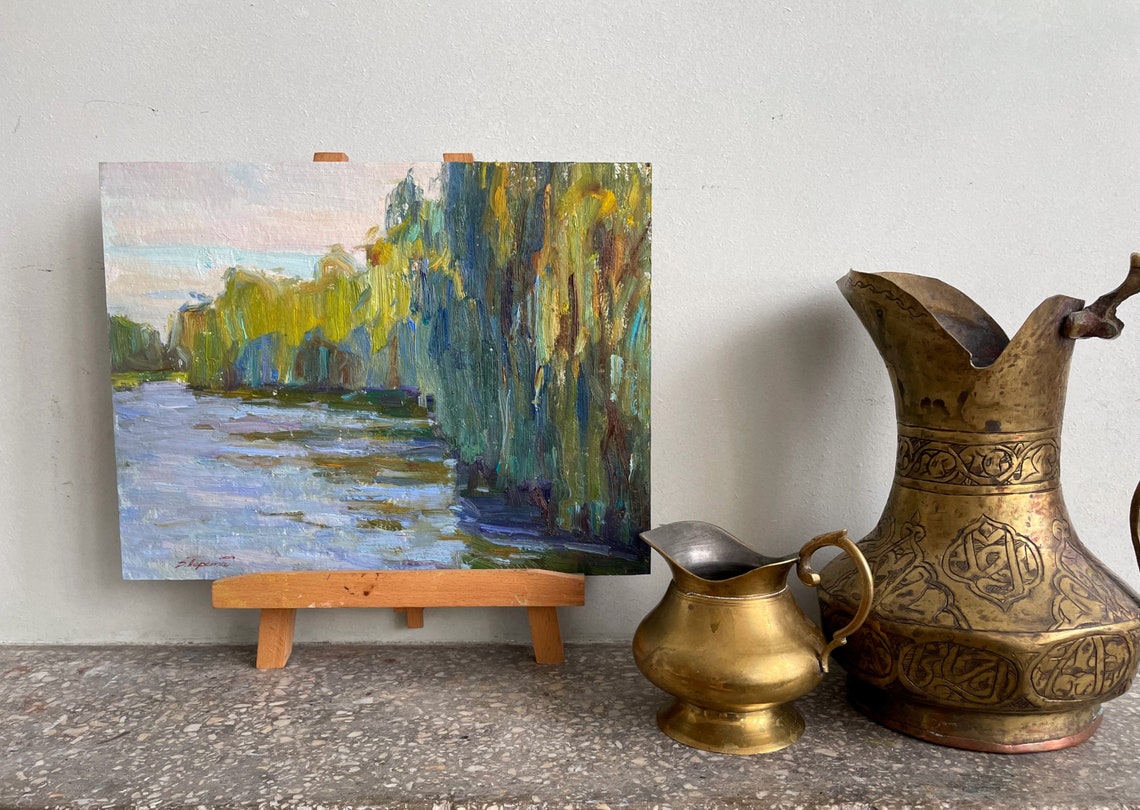 River Willow Trees Impressionist Oil Painting Original Landscape Art - Image 2