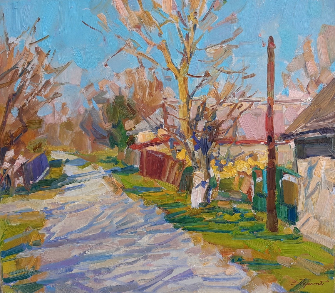 Rural Village Road Spring Blossom Trees Impressionist Oil Painting - Image 4