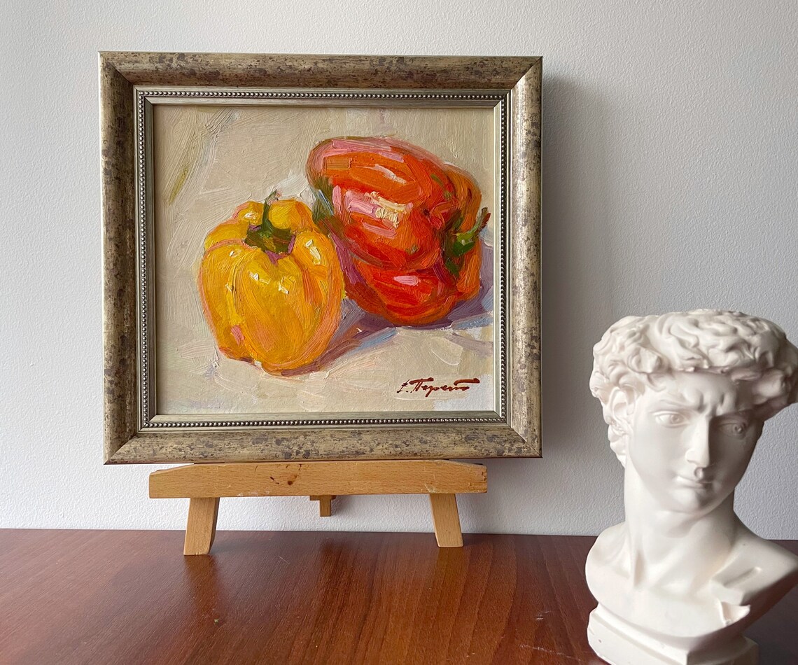 Yellow Red Bell Peppers Framed Still Life Oil Painting Kitchen Decor