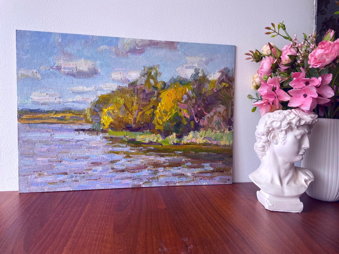 Autumn River Golden Trees Lavender Water Impressionist Oil Painting - Image 2