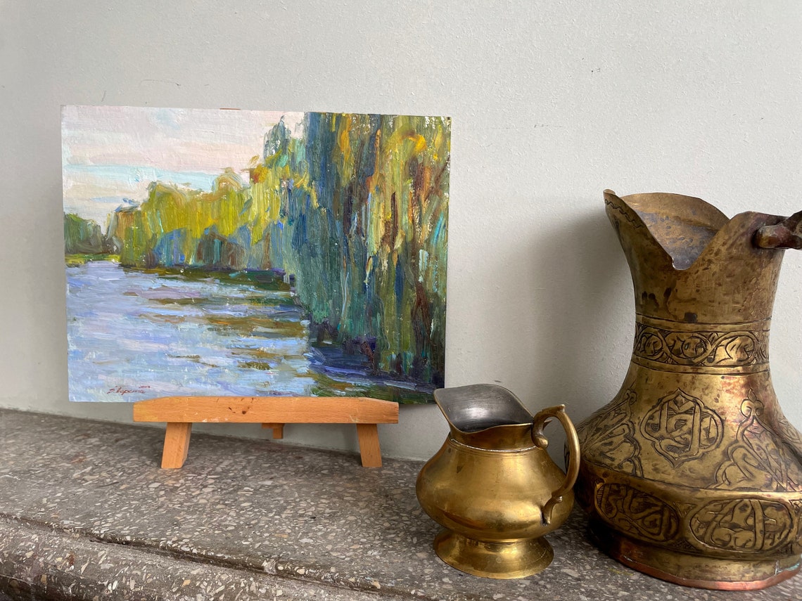 River Willow Trees Impressionist Oil Painting Original Landscape Art - Image 5