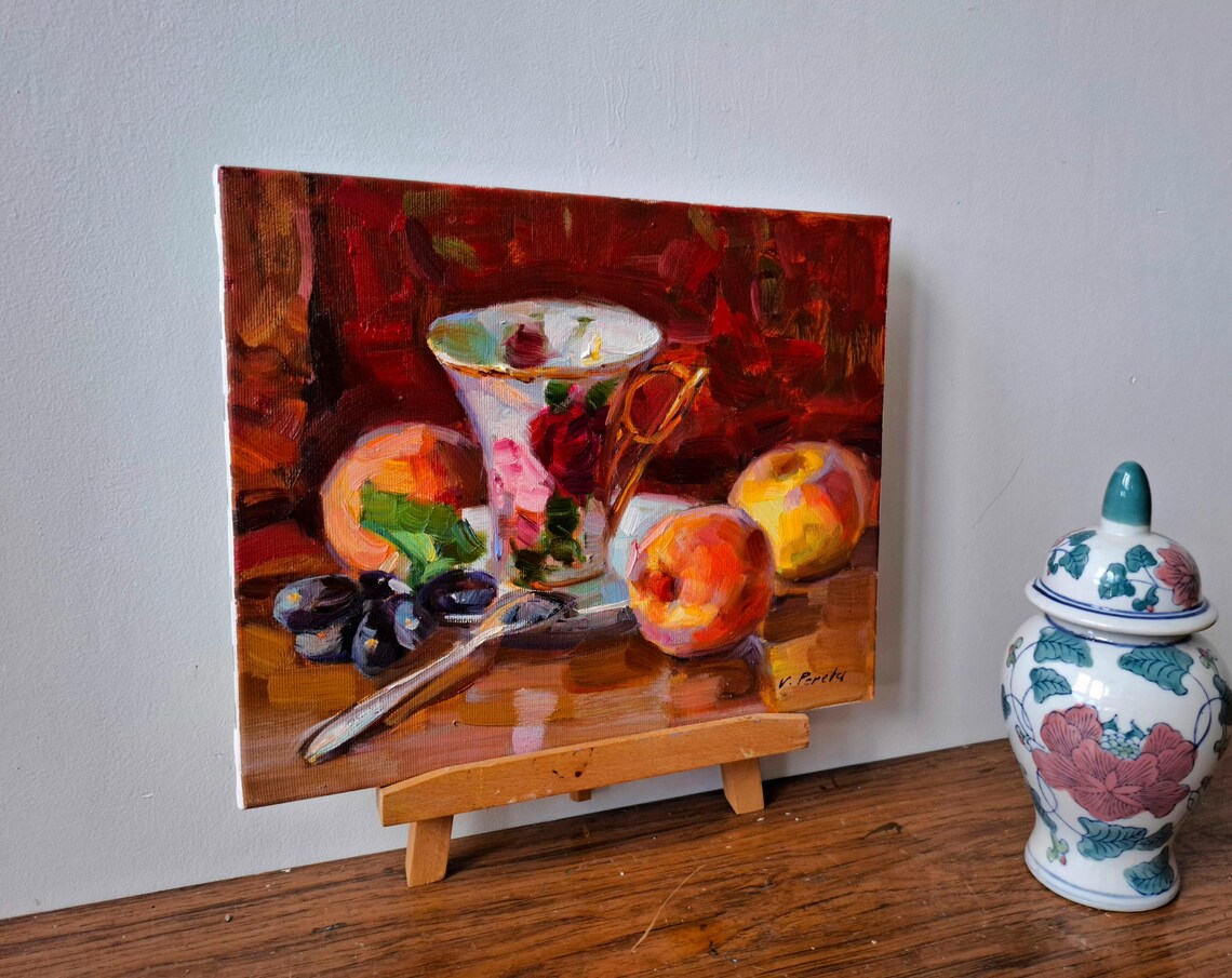 Peaches Floral Teacup Fruit Still Life Impressionist Oil Painting Art - Image 3