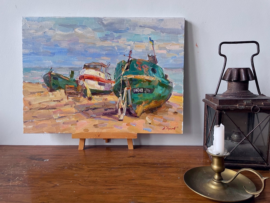 Colorful Fishing Boats Beach Sea Impressionist Oil Painting Coastal - Image 3