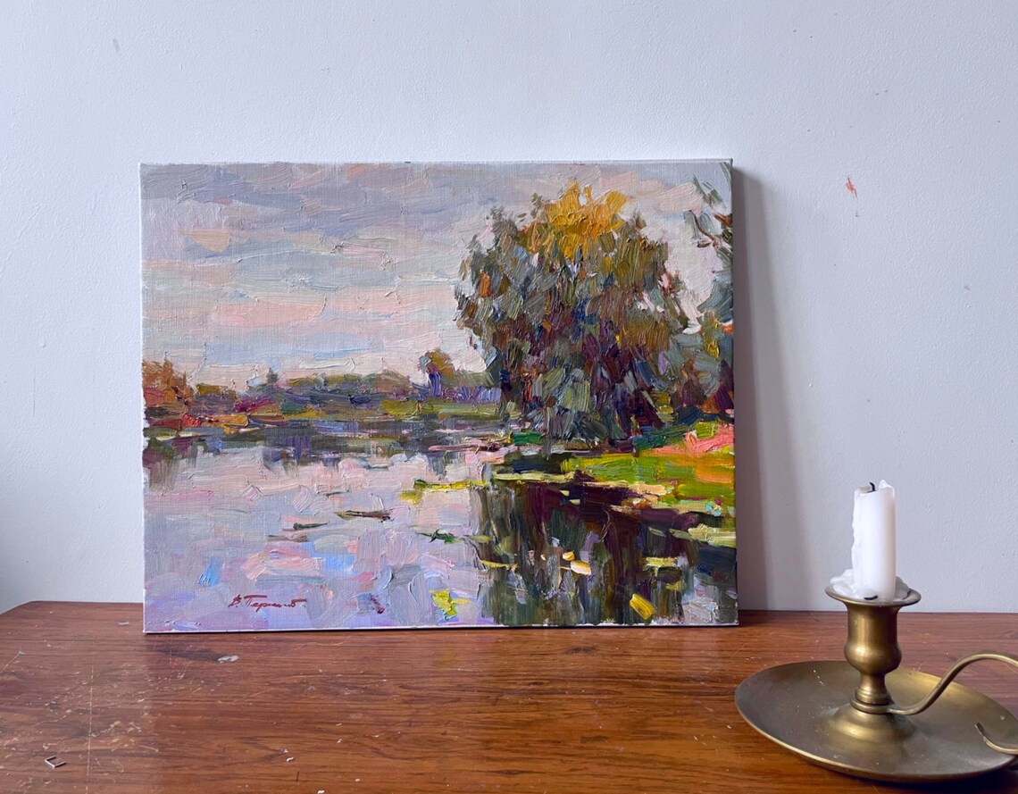 River Tree Reflection Pink Water Impressionist Oil Painting Landscape