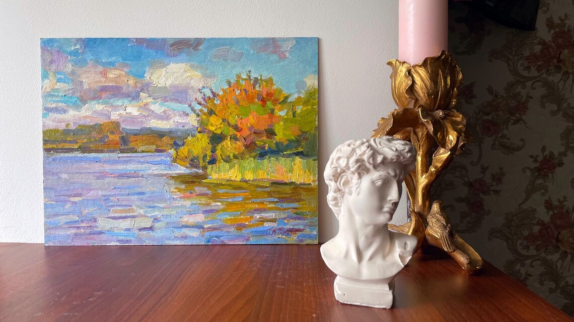 Autumn Riverbank Golden Trees Blue Water Oil Painting Landscape Art - Image 4