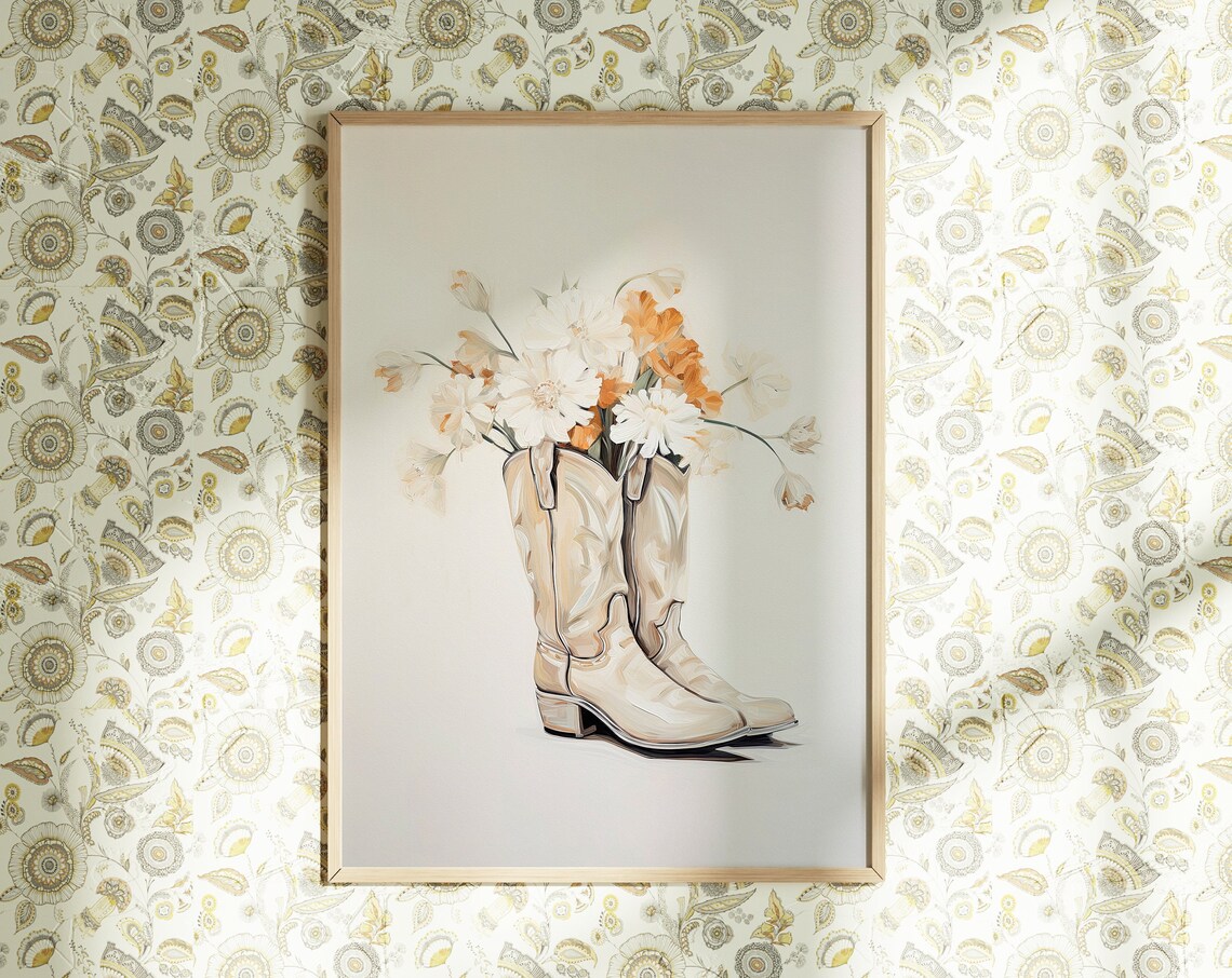 White Cowboy Boots with Daisies Western Floral Painting Elegant Wall Art - Image 4