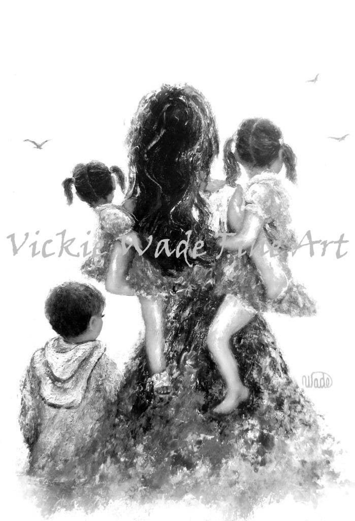 Mother Carrying Three Children Soft Black and White Art Poster
