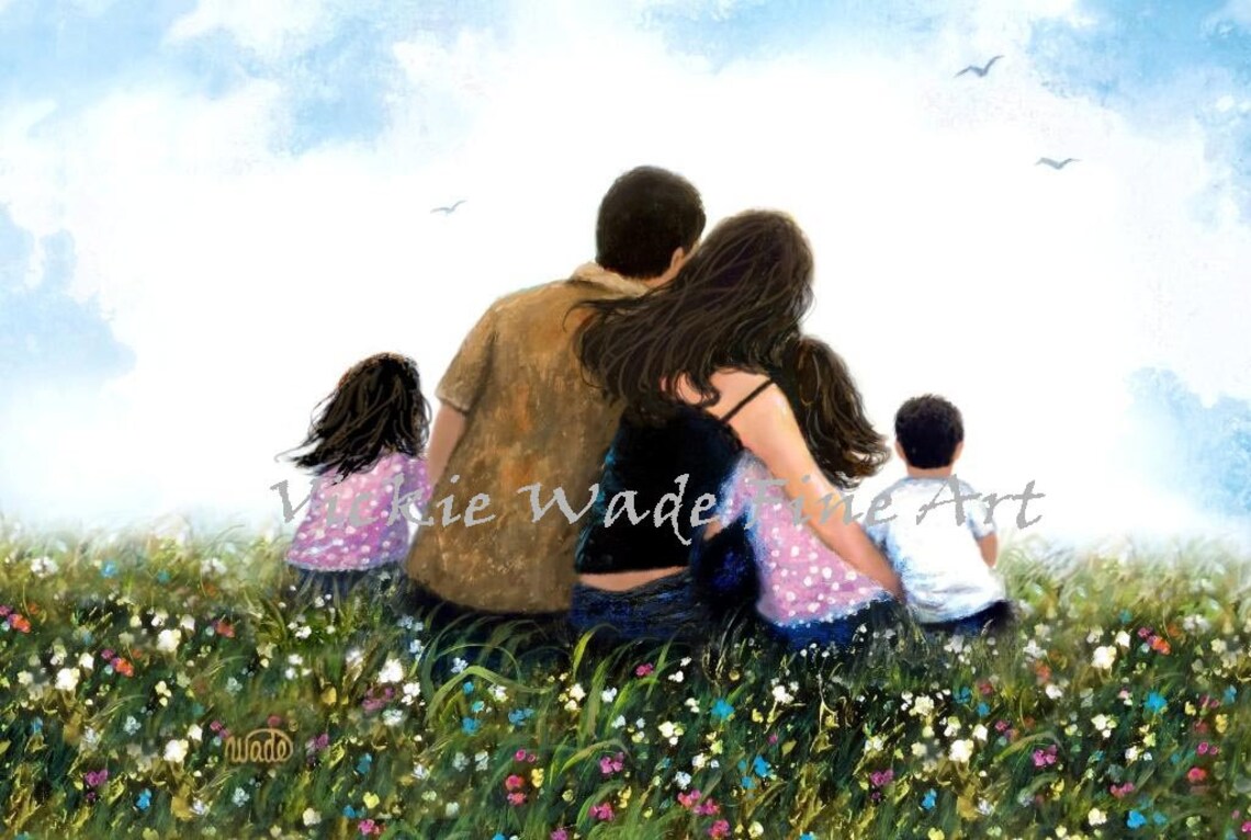 Family of Five Sitting Together in a Wildflower Meadow Poster