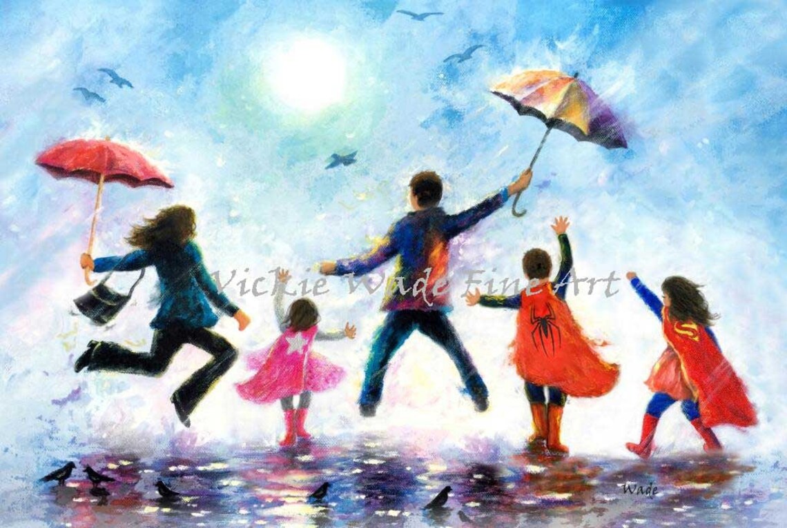 Family Playing Dress Up Superheroes Together in the Rain Poster