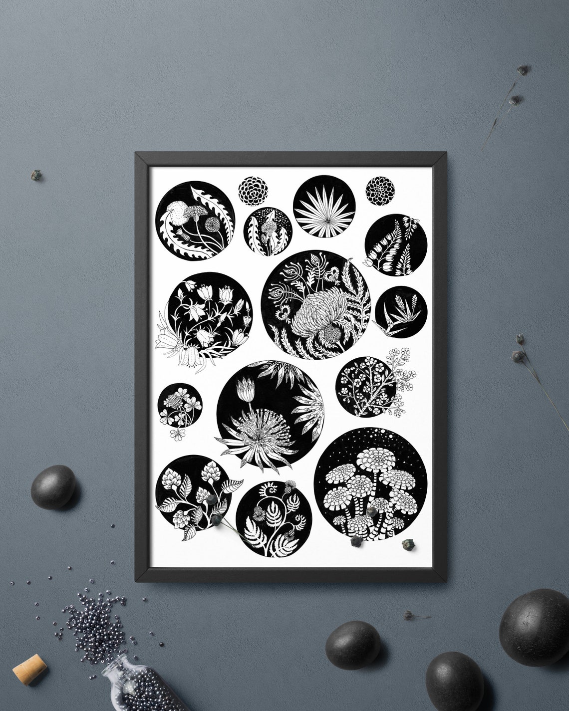 Black And White Botanical Wildflower Circles Graphic Line Art Poster
