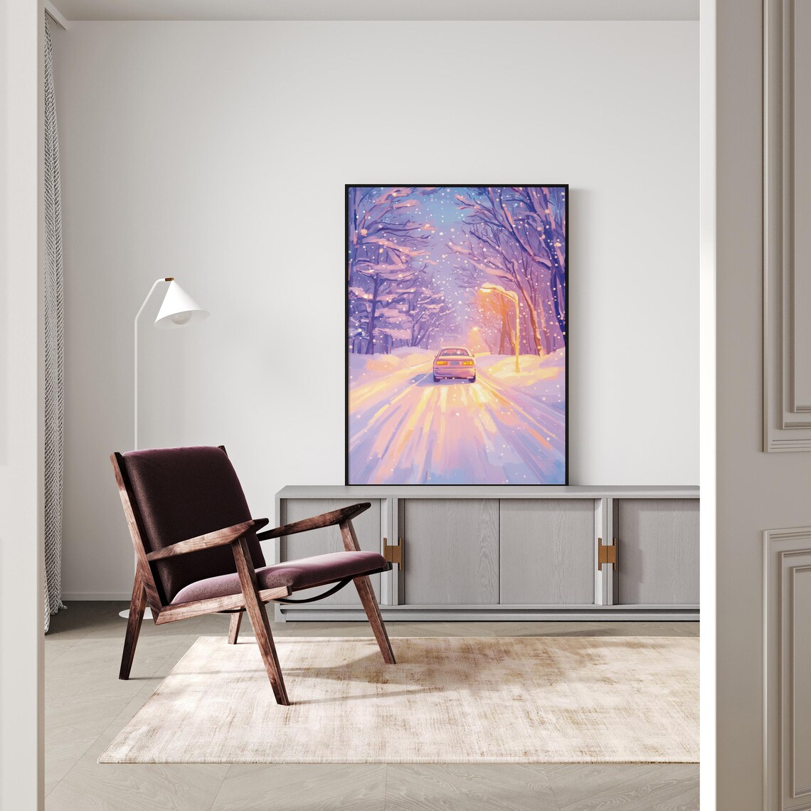 Winter Snowy Road Painting, Purple Winter Landscape - Image 4
